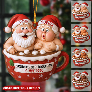 Growing Old Together Santa Claus In Hot Chocolate Cup, Personalized Couple Ornament