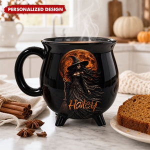 Custom Witchy Cauldron Name Mug, Mystic Witch Halloween Coffee Mug, Black Cauldron Ceramic Cup, Tarot Lover Gift, Cute Witch Themed Mug Gift