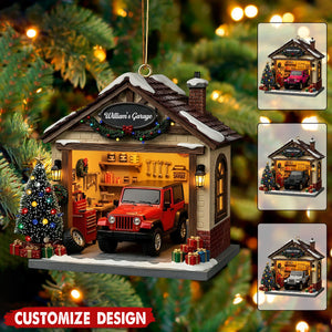 Personalized Garage Scene Christmas Ornament - Gift For Car Enthusiasts