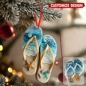 2D FLAT Personalized Flip Flop Christmas Acrylic Ornament, Coastal Ornament, Seaside Vacation Art, Ocean Lover Gifts, Gift for Beach Lover
