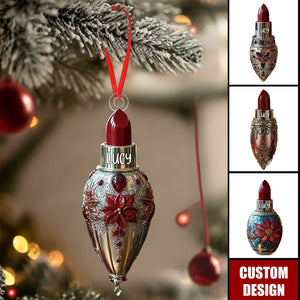 Personalized Red Jewel-Encrusted Glam Lipstick Christmas Ornament - Gift For Beauty Lovers