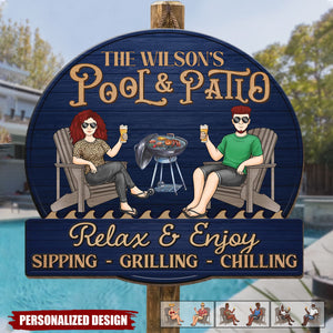 Just A Couple,Pool & Patio Sipping Chilling-Personalized Home Decor Wood Sign-Gift For Couple
