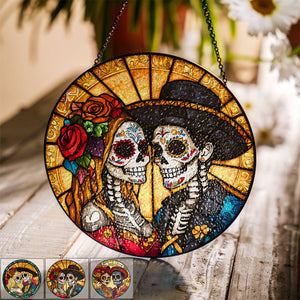 Day of the Dead Sugar Skull Stained Suncatcher Ornament - Gift For Couple