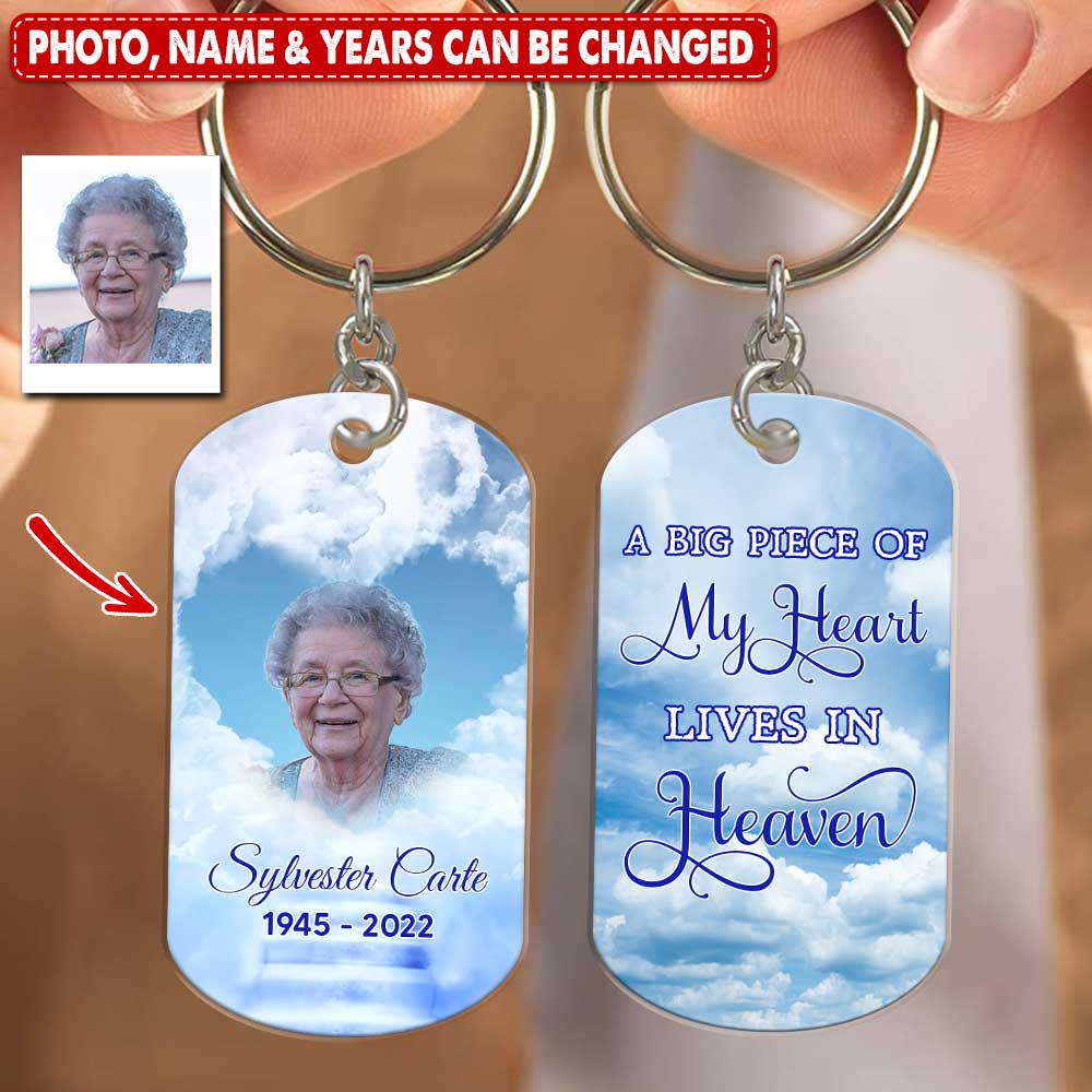 Memorial Upload Photo Heaven Heart, A Big Piece Of My Heart Lives In Heaven Personalized Keychain