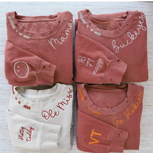 Custom Embroidered Hand Distressed Crew Neck Sweatshirt-gift for Mom/Grandma