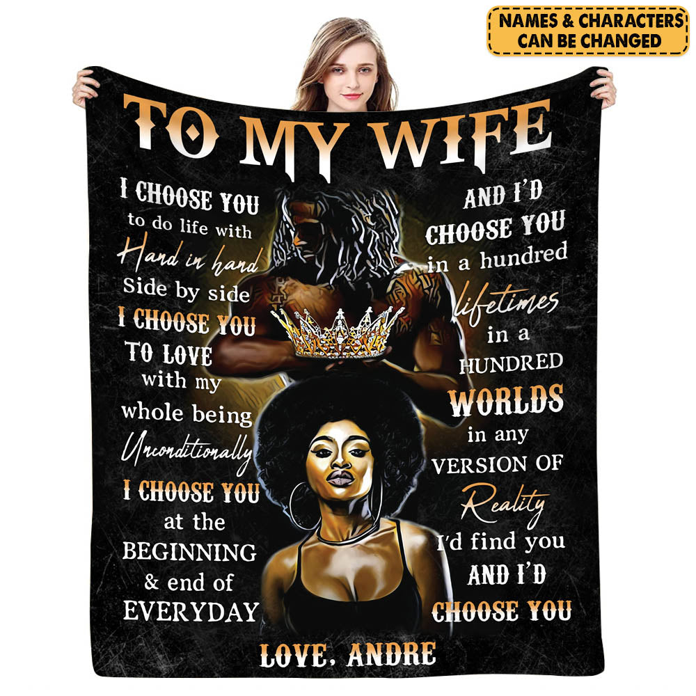 Custom Blanket Gift For Wife - Personalized Gifts For Wife - I Choose You To Do Life With Hand In Hand Black Couple Blanket