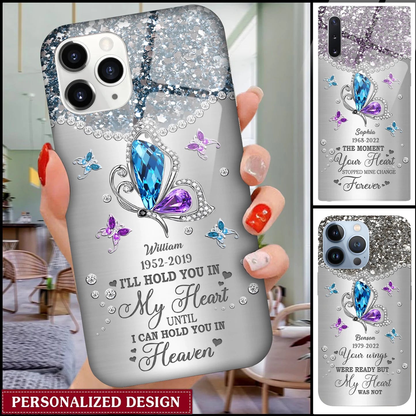 Sparkling Memorial Butterfly, I'll Hold You In My Heart Until I Can Hold You In Heaven Personalized Glass Phone Case