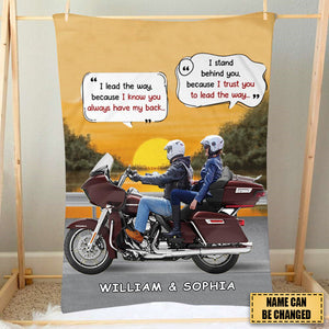 I Lead The Way Because I Know You Always Have My Back, Blanket Couple Motorcycle Forever Personalized Fleece Blanket