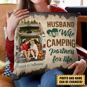 Custom Photo Let‘s Sit By The Campfire Husband Wife Camping - Gift For Camping Couples - Personalized Custom Pillow