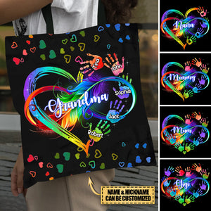 Personalized Grandma Mom Heart Infinity Hand Print Mother's Day Gift Cloth Tote Bag