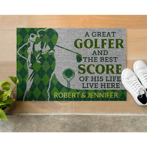 Personalized Golf Plaid Golfer Best Score Live Doormat