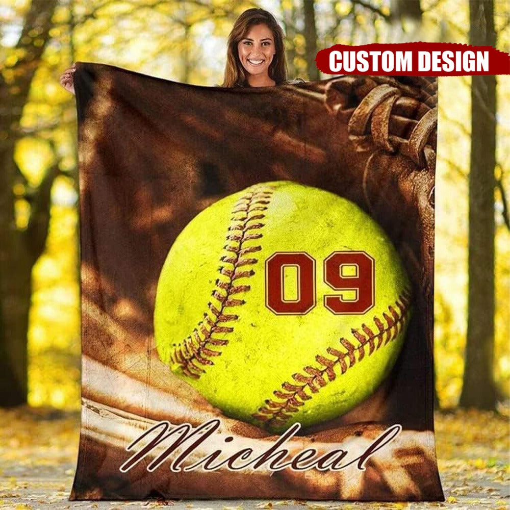 Personalized Softball Blanket, Custom Name And Number - Gift For Softball Player