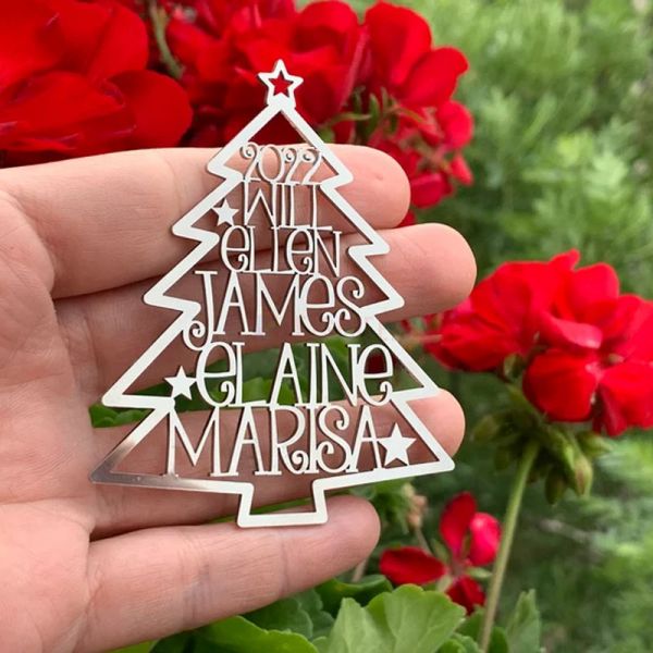 Personalized 2023 Family Names Christmas Tree Silver Ornaments