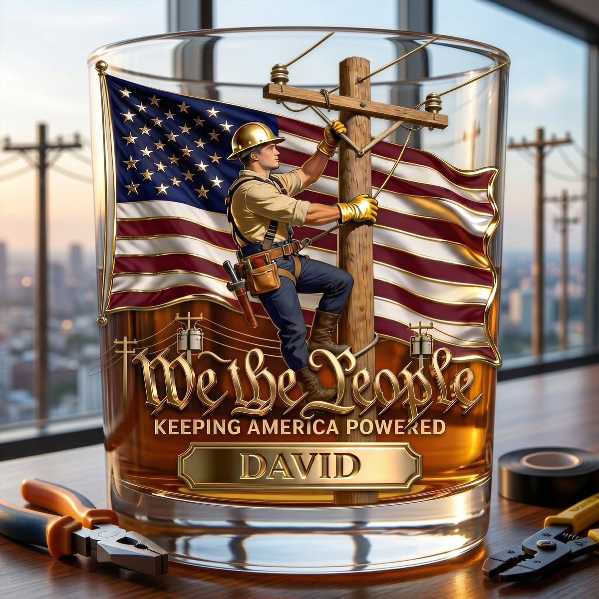 Keeping America Powered Whiskey Glass - Personalized Gifts For Lineman