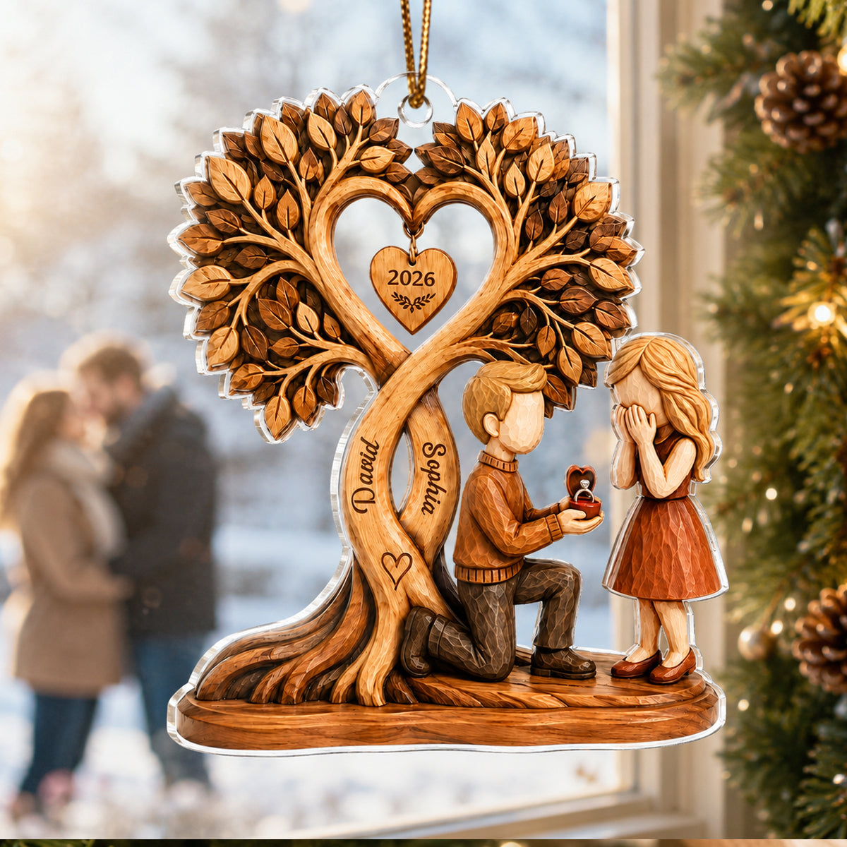Couple Kissing Under Heart Tree - Personalized Acrylic Ornament - Heartfelt Anniversary Gift for Him, for Her