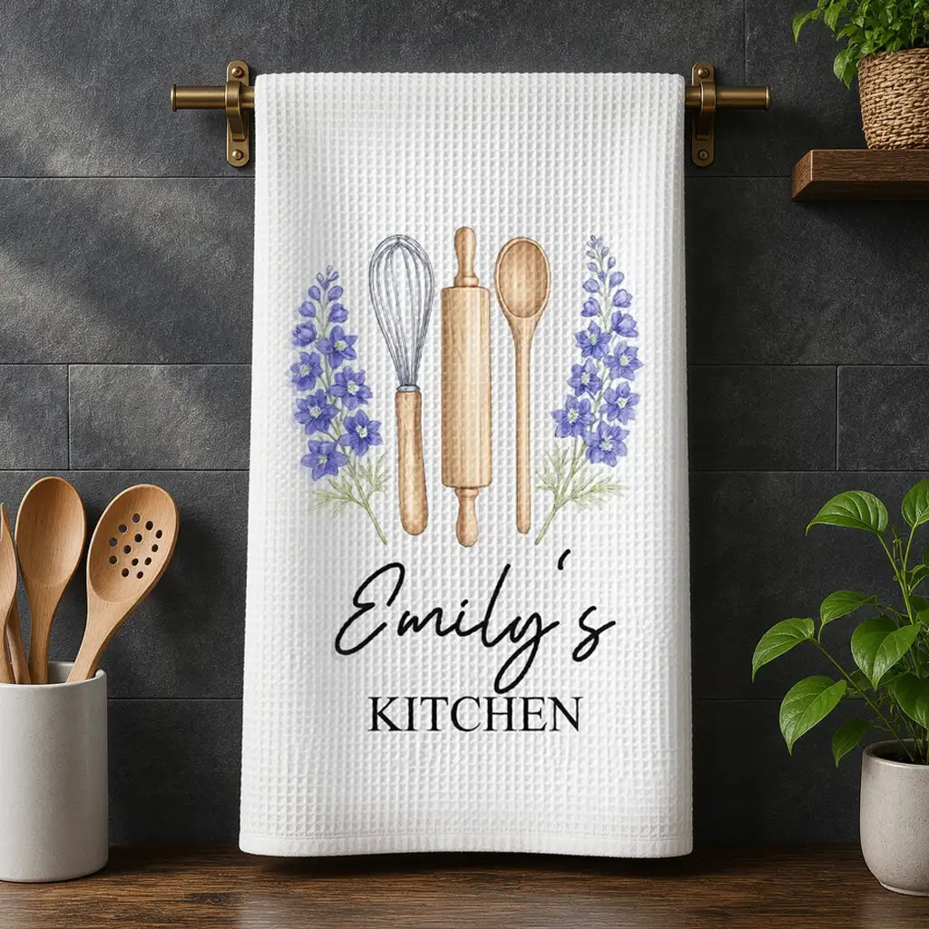 Personalized Floral Kitchen Towel With Baking Utensils - Gift For Grandma & Mom