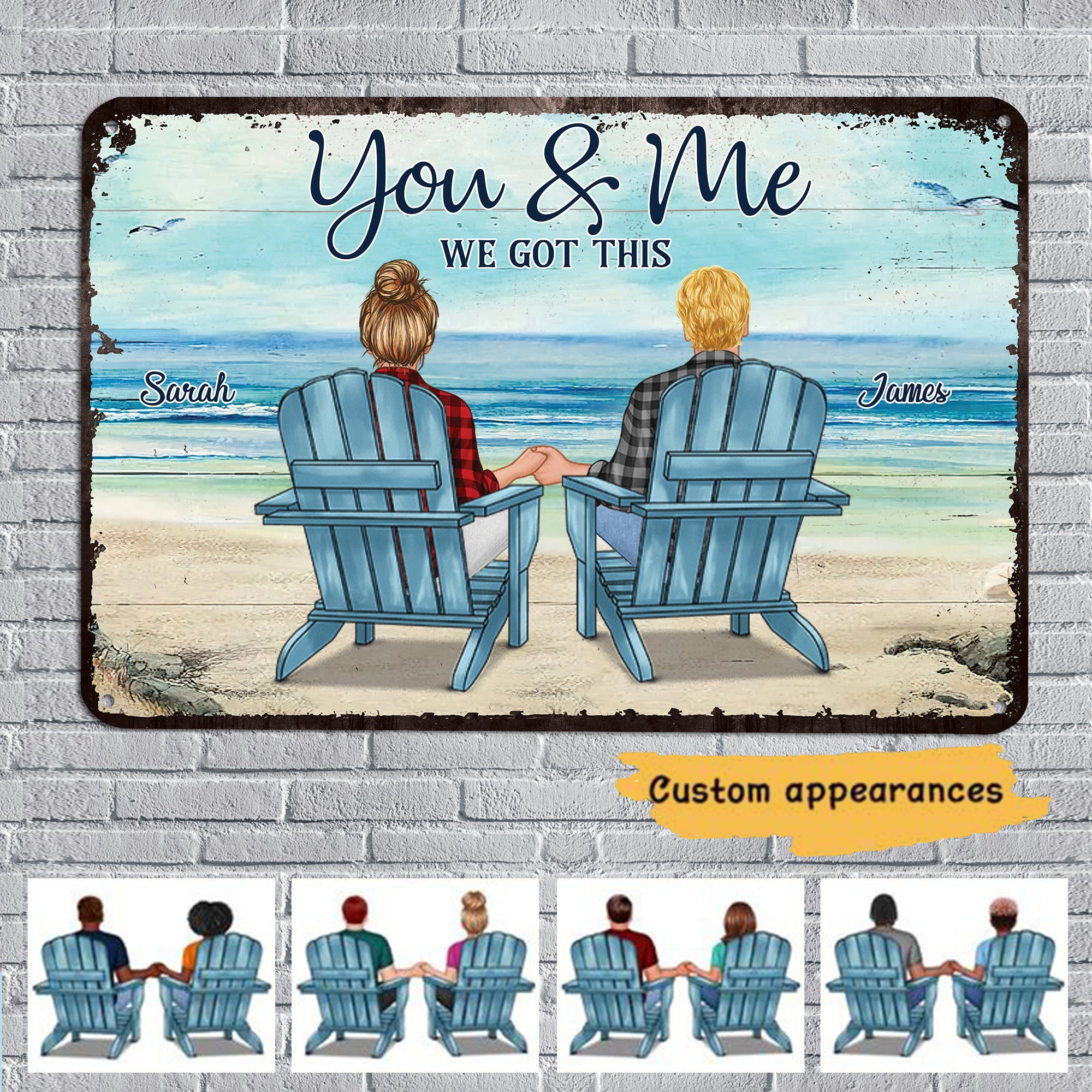 Back View Couple Sitting Beach Landscape Personalized Classic Metal Signs