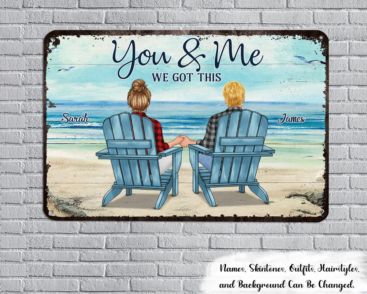 Back View Couple Sitting Beach Landscape Personalized Classic Metal Signs