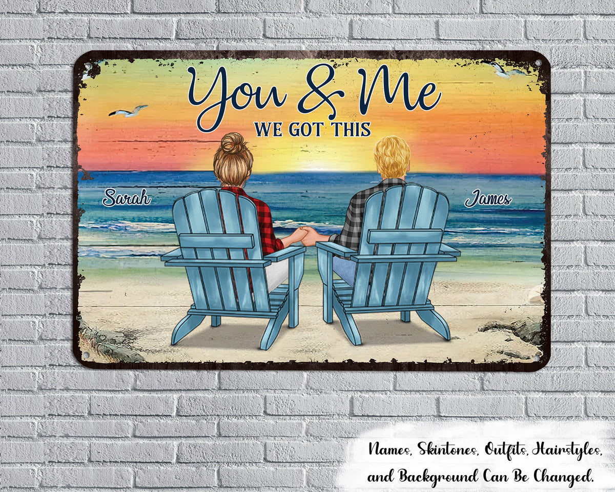 Back View Couple Sitting Beach Landscape Personalized Classic Metal Signs