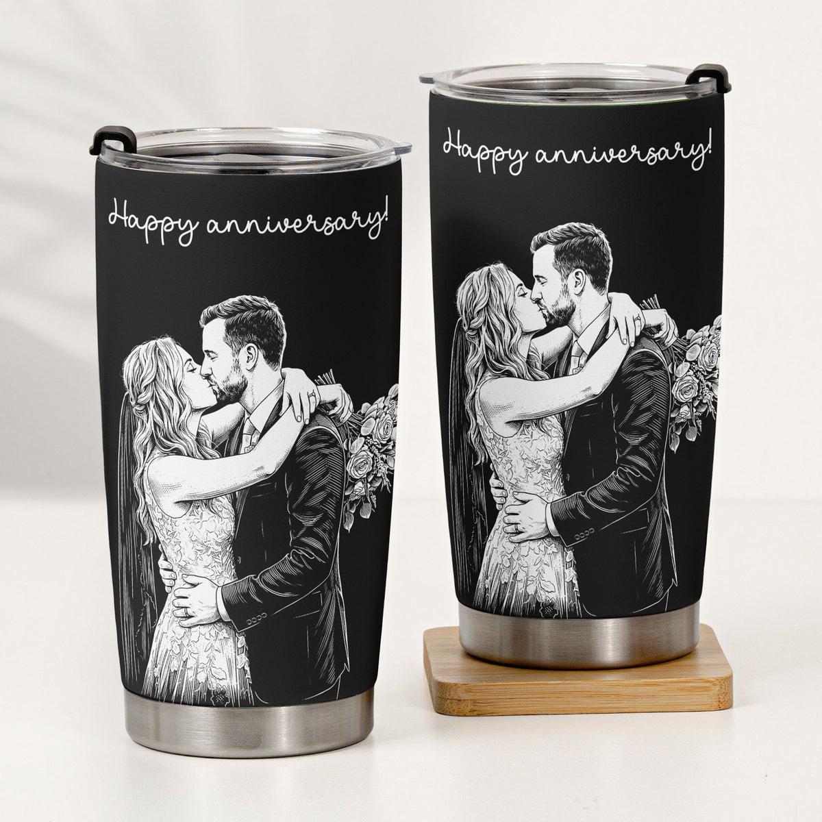 Custom Couple Photo Sketch Line Art Anniversary Gift For Him, Her - Personalized Tumbler Cup