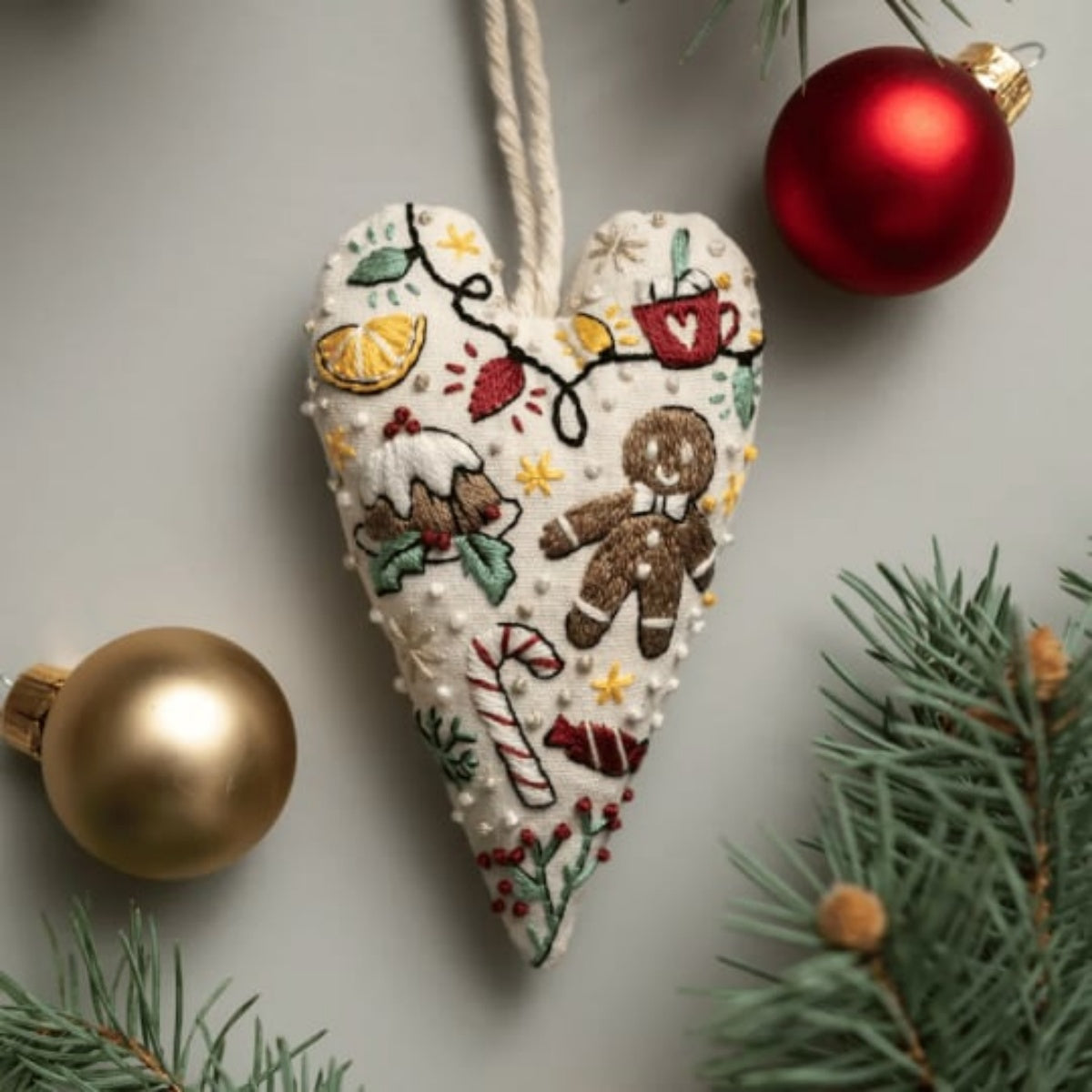 DIY Heart Shaped Hand Embroidered Christmas Ornament