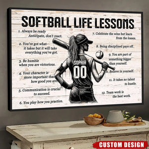Softball Life Lessons Personalized Canvas, Custom Softball Poster Print, Motivational Softball Gift for Girls, Women, Softball Players