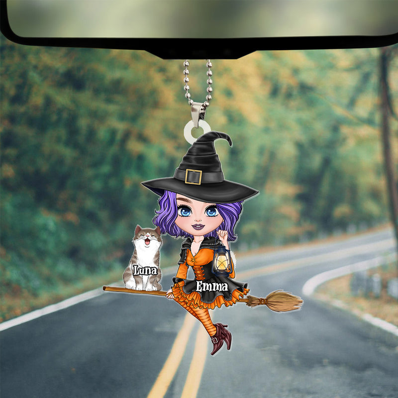 Witch Riding Broom Mystical Girl With Cute Cat Kitten Pet Personalized Car Ornament
