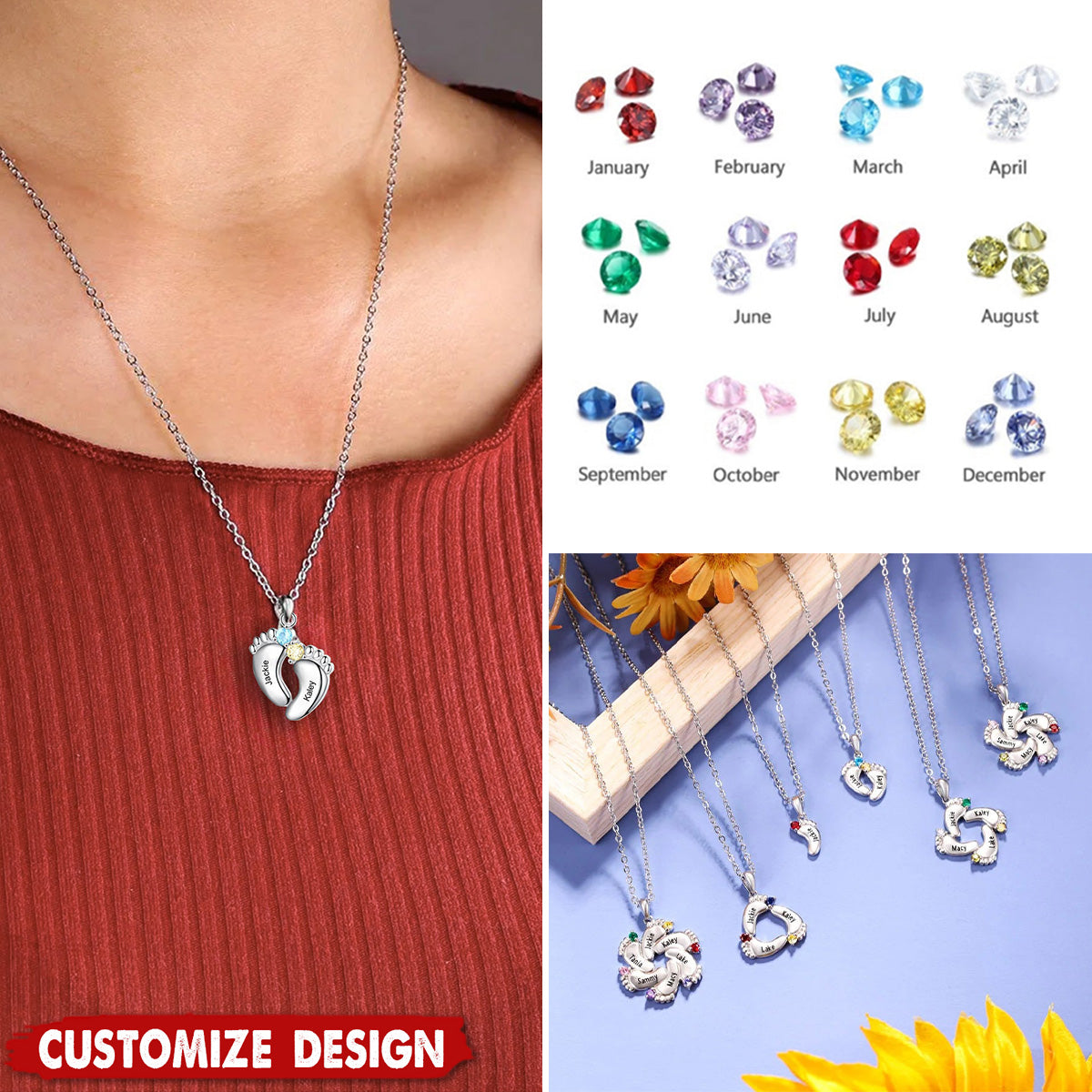 Mom Gifts First Mom New Mom To Be Mom Gifts - Personalized Baby Feet Necklace With Birthstone