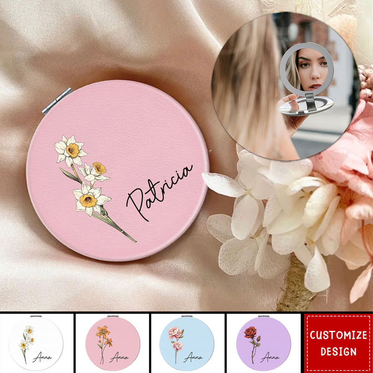 Beautiful Birth Month Flower Personalized Circle Compact Mirror