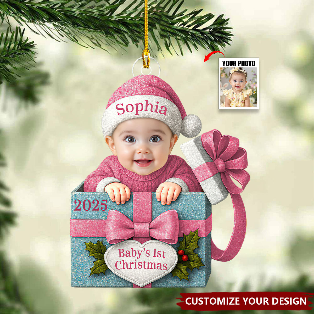 Baby Christmas Gift Box Acrylic Ornament, Personalized Baby Photo Christmas Ornament, Funny Newborn First Christmas Gift