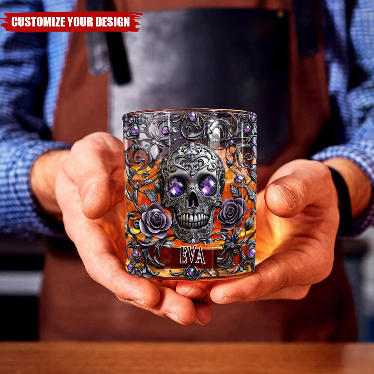 Beautiful Skull And Roses - Personalized Skull Whiskey Glass