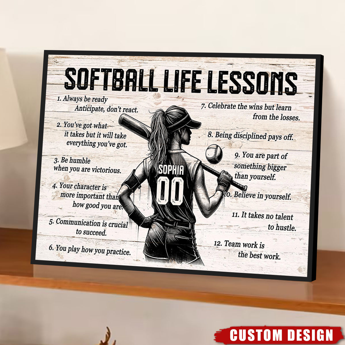 Softball Life Lessons Personalized Canvas, Custom Softball Poster Print, Motivational Softball Gift for Girls, Women, Softball Players