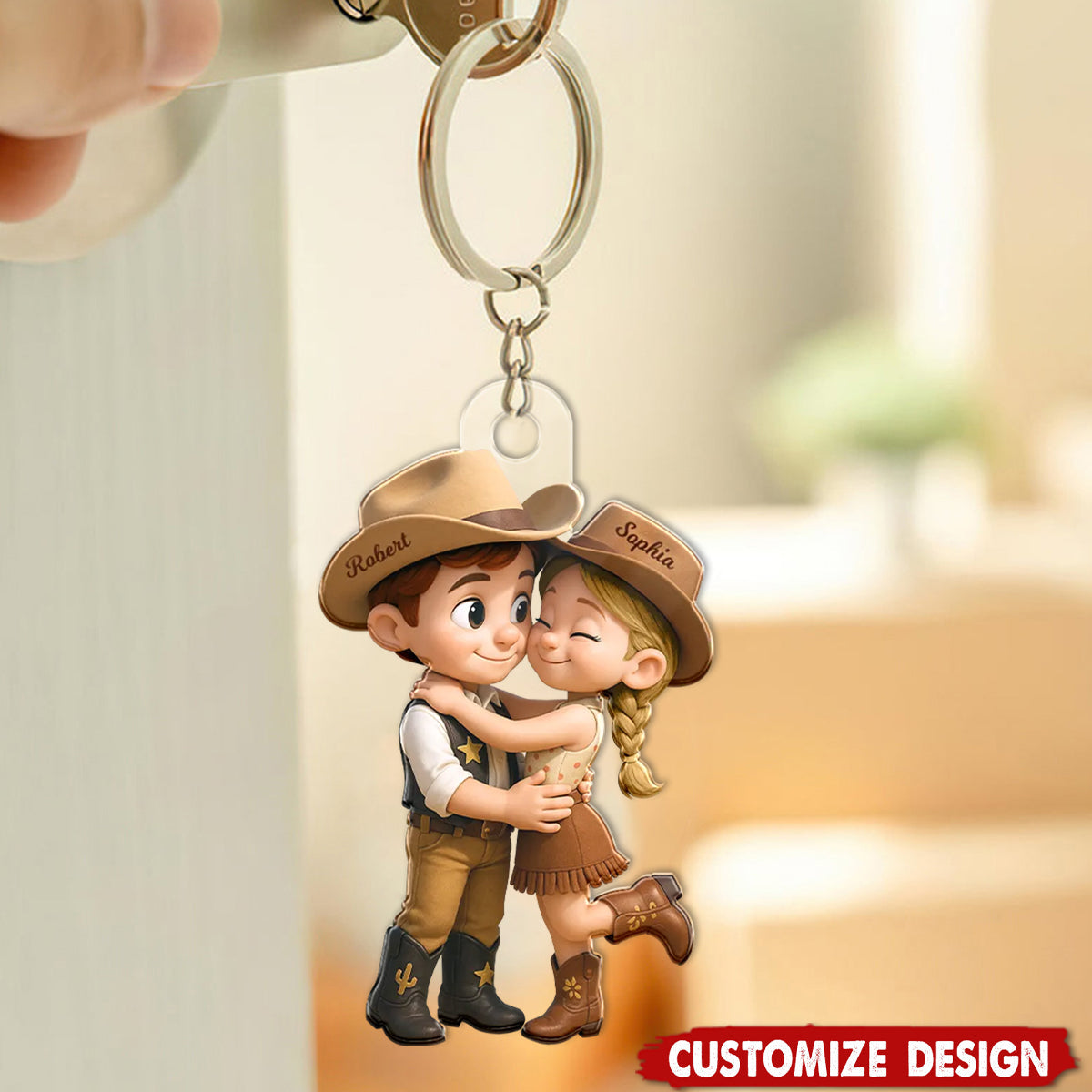 Cartoon Style Countryside Couple Cowboy Cowgirl Personalized Keychain