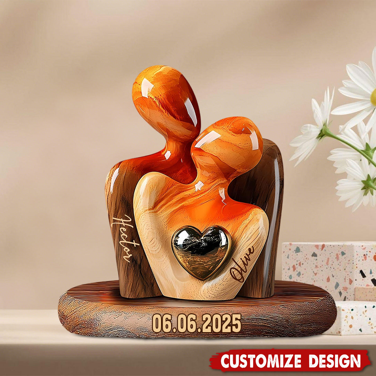 Elegant Couple Statue with Heart Inlay - Personalized Couple Acrylic Plaque