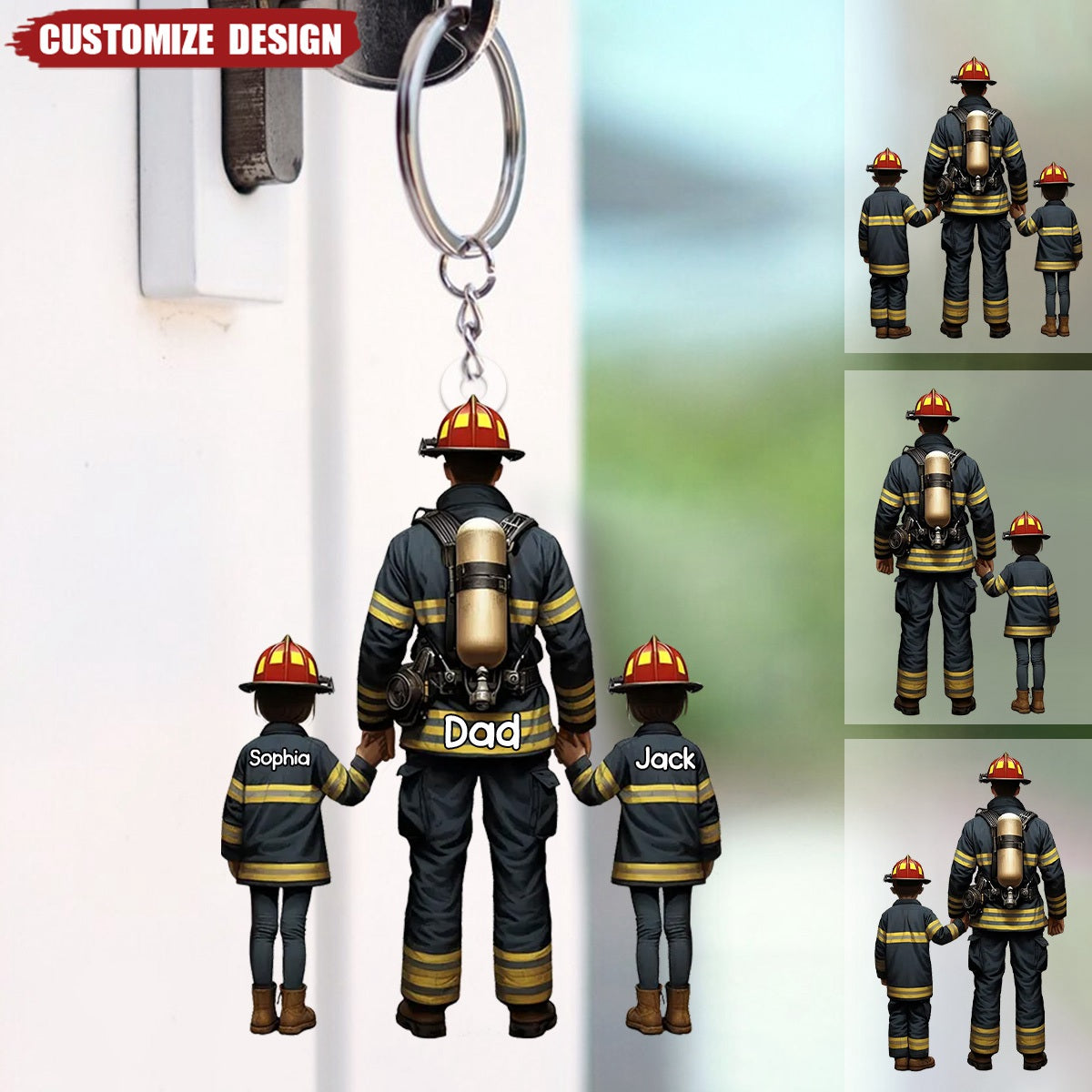 Firefighter Dad And Kids - Personalized Acrylic Keychain