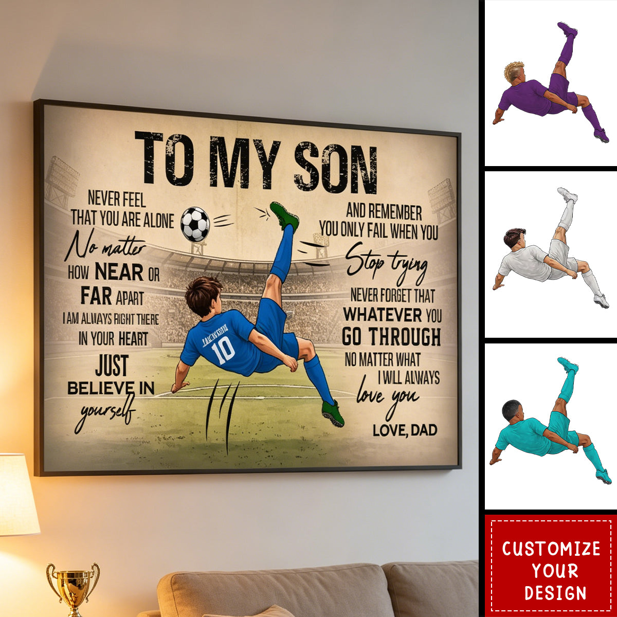 Personalized To My Son Soccer Canvas Poster, Custom Name & Jersey Number Sports Wall Art, Football Player Room Decor