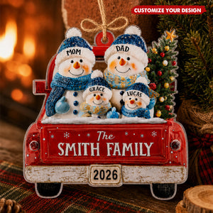 Personalized Red Truck With Snowman Family Ornament, Christmas Tree Decor