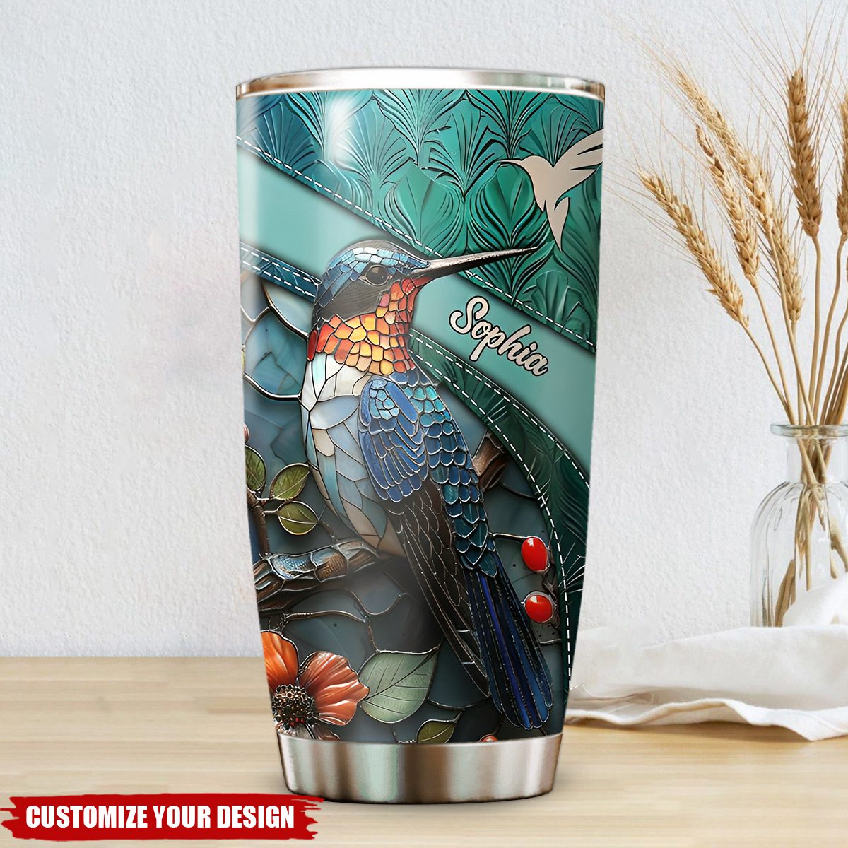 Personalized Stained Glass Hummingbird White Feather Pattern Tumbler