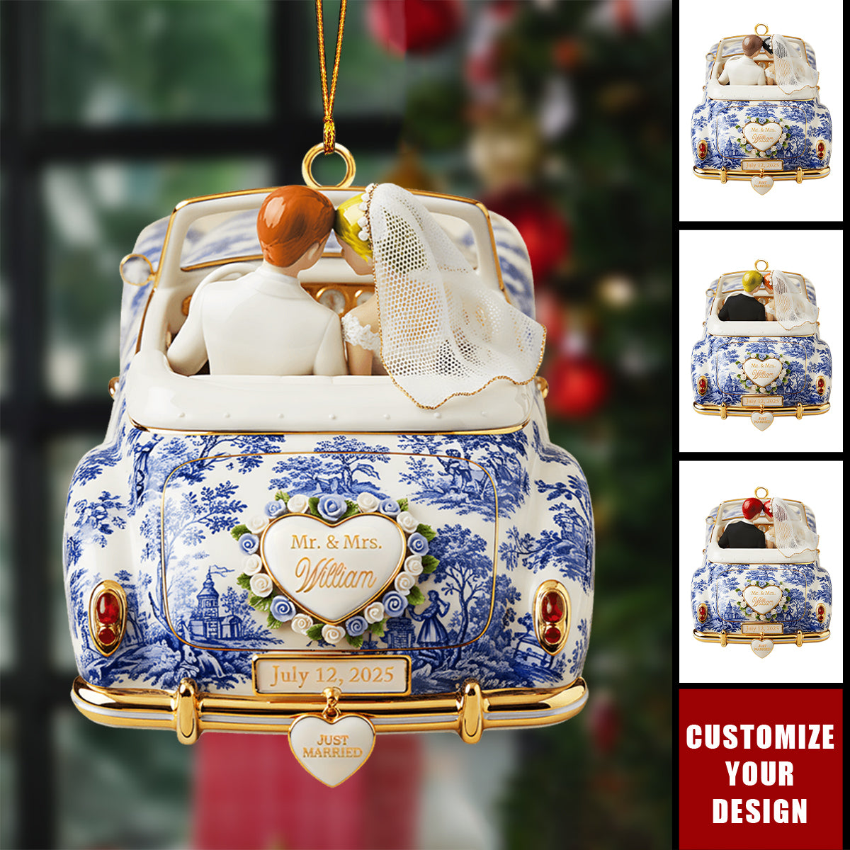 Personalized Newlywed Toile de Jouy Custom Acrylic Ornament, Wedding Gift for Couples