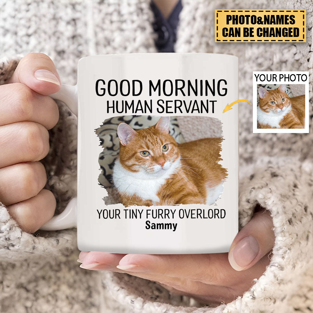 Good Morning Human Servant Your Tiny Furry Overlords, Personalized Accent Mug, Gifts For Pet Lovers, Custom Photo