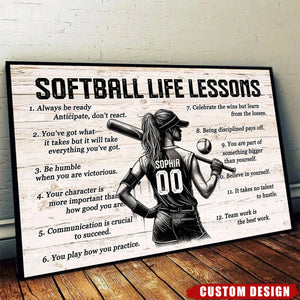 Softball Life Lessons Personalized Canvas, Custom Softball Poster Print, Motivational Softball Gift for Girls, Women, Softball Players
