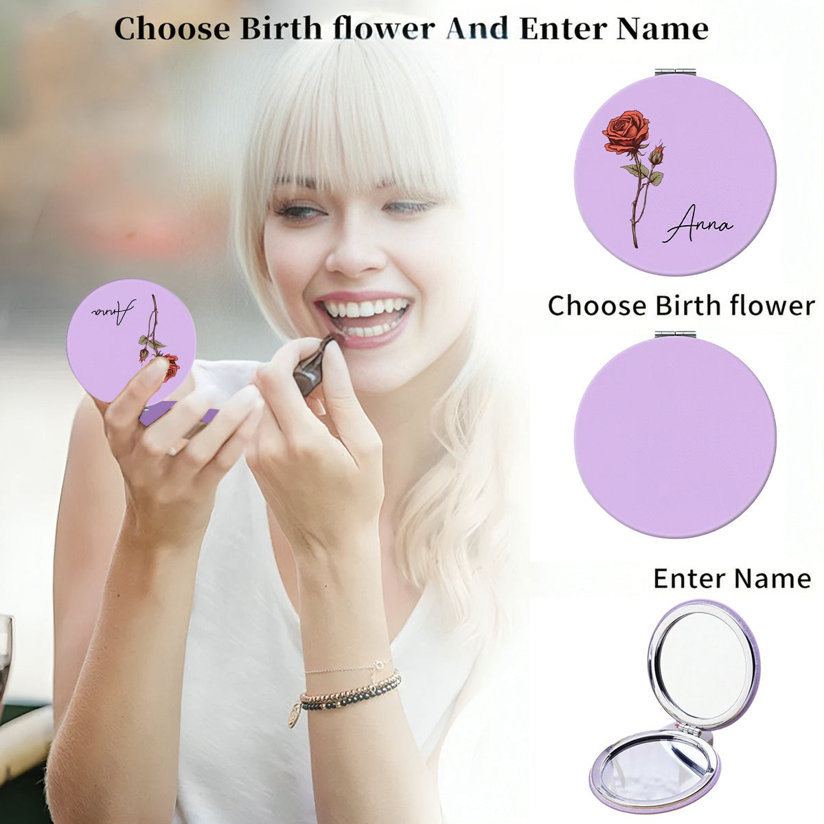 Beautiful Birth Month Flower Personalized Circle Compact Mirror