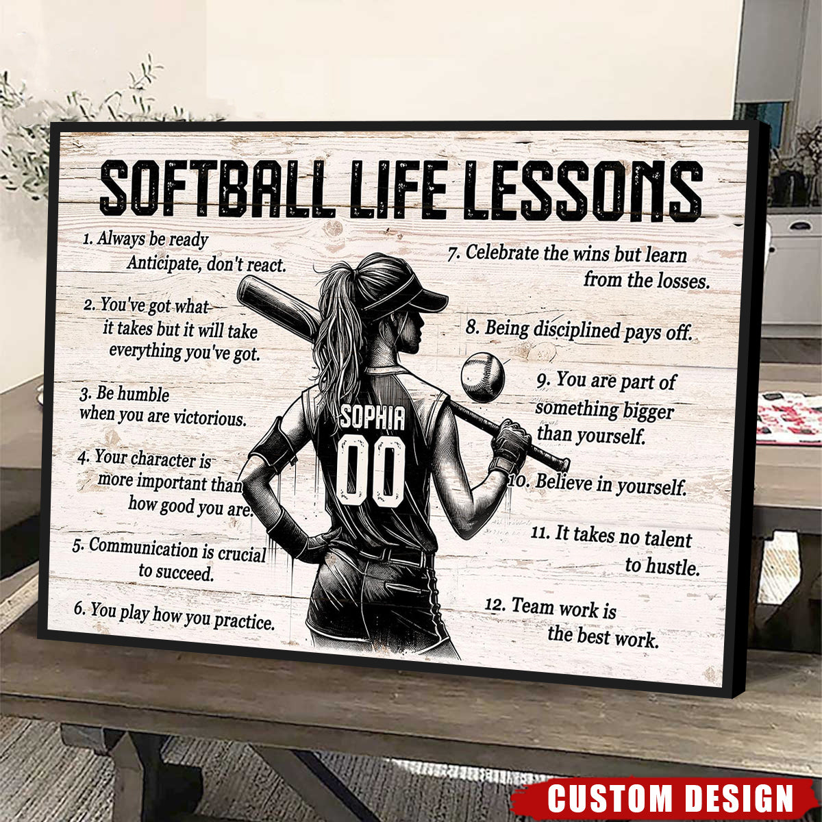 Softball Life Lessons Personalized Canvas, Custom Softball Poster Print, Motivational Softball Gift for Girls, Women, Softball Players