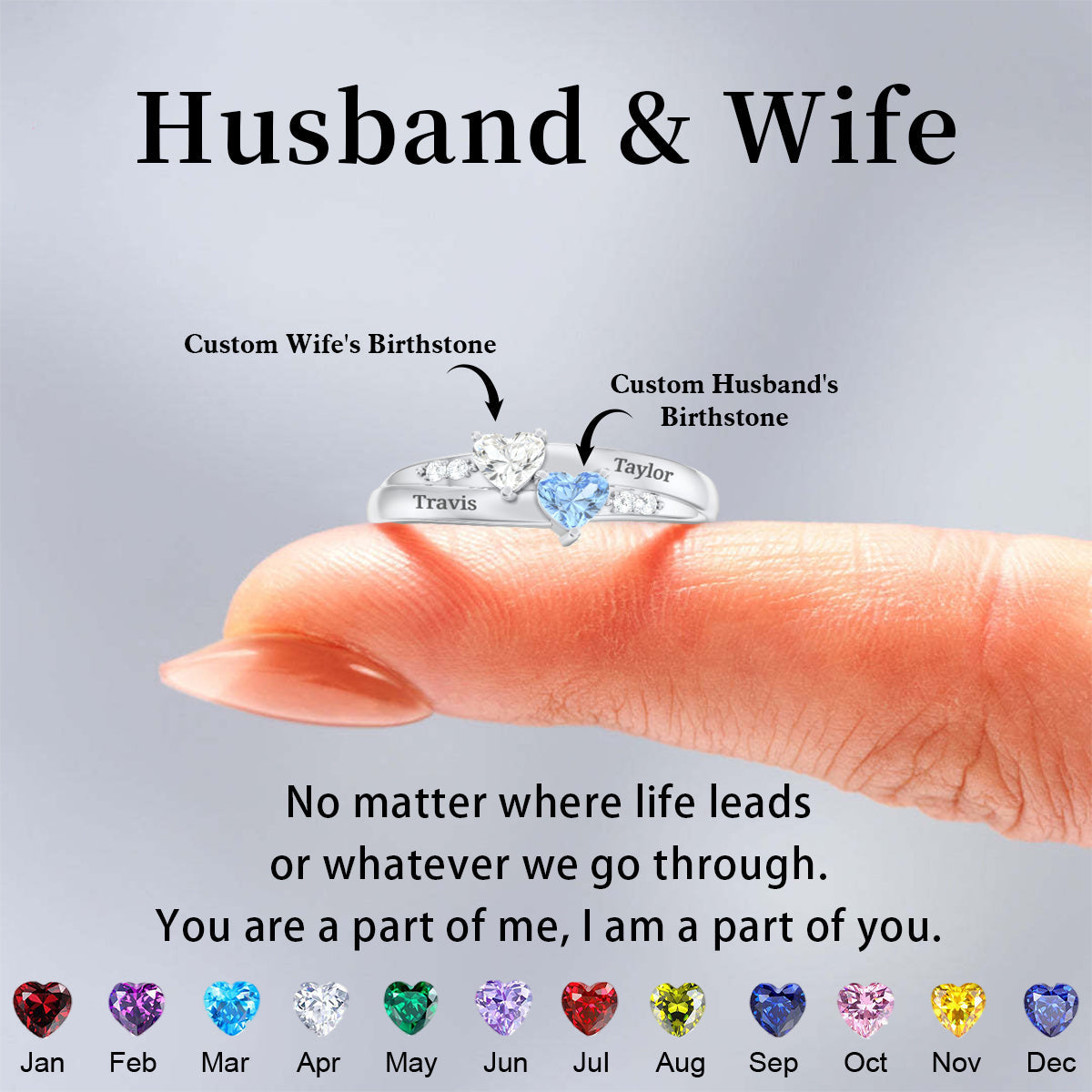 For My Love-Personalized  Double Heart Couple Gemstone Ring