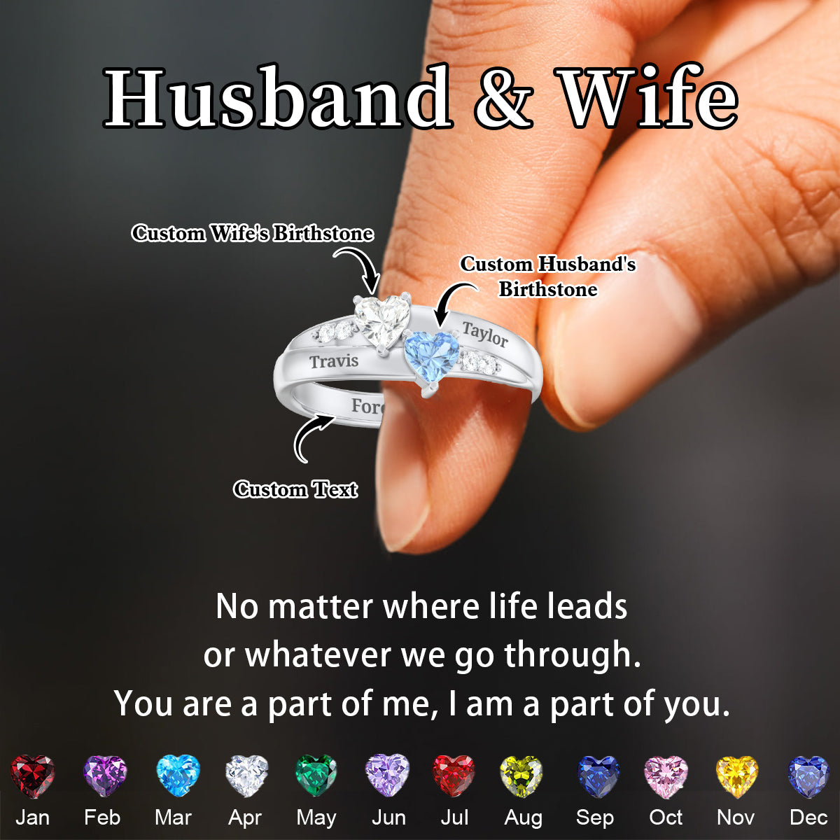 For My Love-Personalized  Double Heart Couple Gemstone Ring