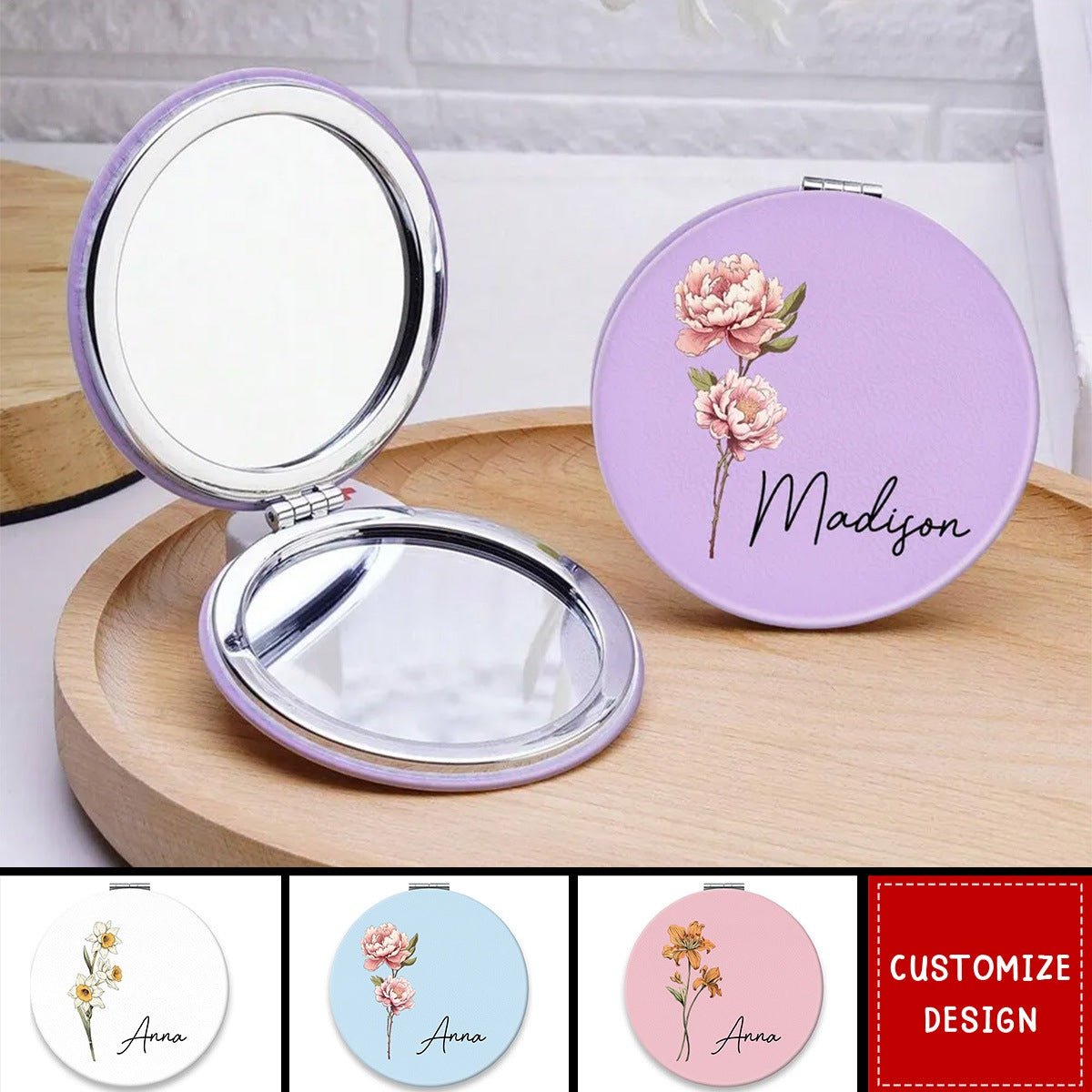 Beautiful Birth Month Flower Personalized Circle Compact Mirror
