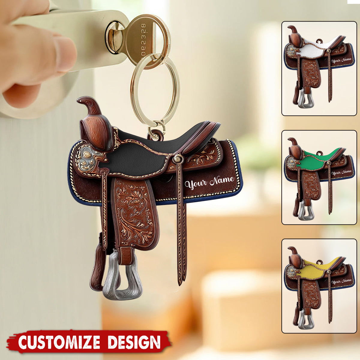 Personalized Western Horse Saddle Keychain - Gift for Riders Cowboy Cowgirl