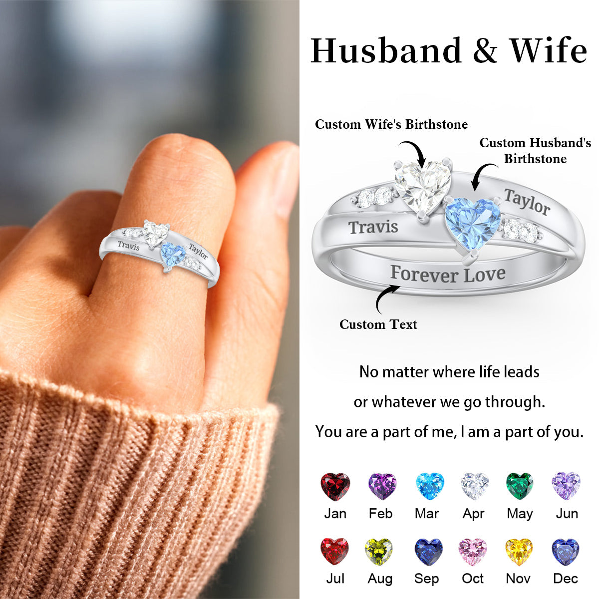 For My Love-Personalized  Double Heart Couple Gemstone Ring