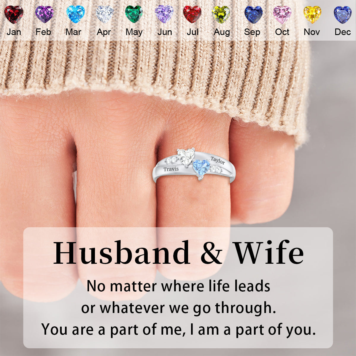 For My Love-Personalized  Double Heart Couple Gemstone Ring