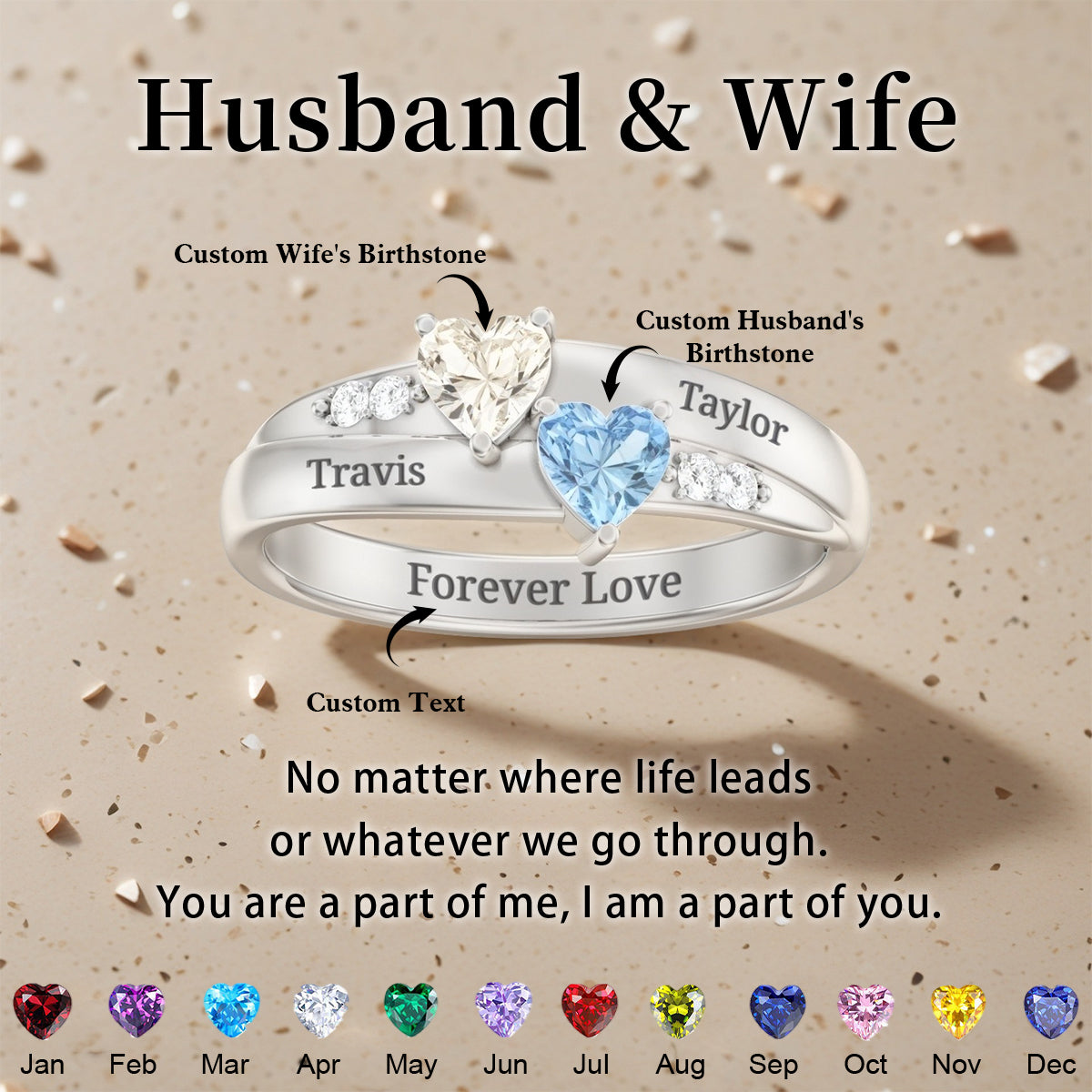 For My Love-Personalized  Double Heart Couple Gemstone Ring